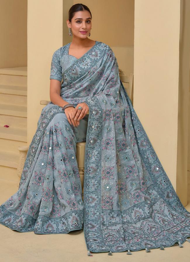 Italian Silk Sky Blue Wedding Wear Moti Work Saree